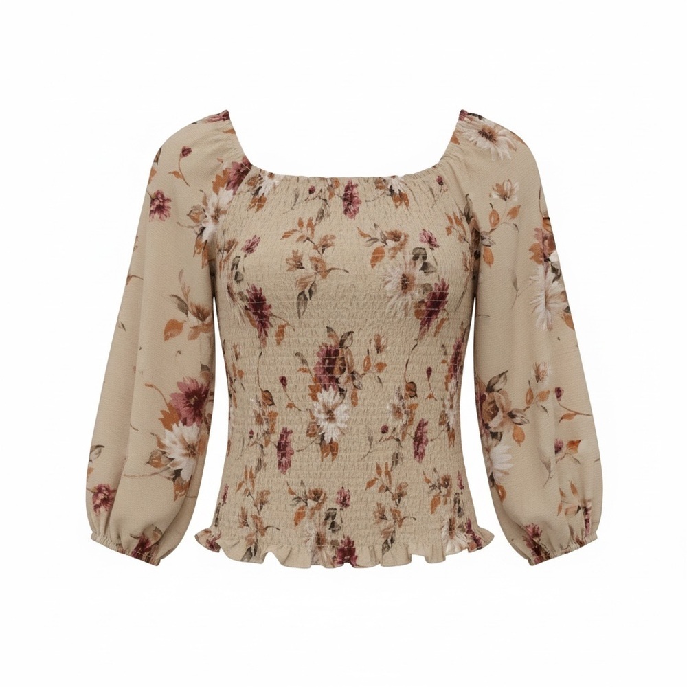 Everly Floral Smocked Puff‑Sleeve Blouse – Size M